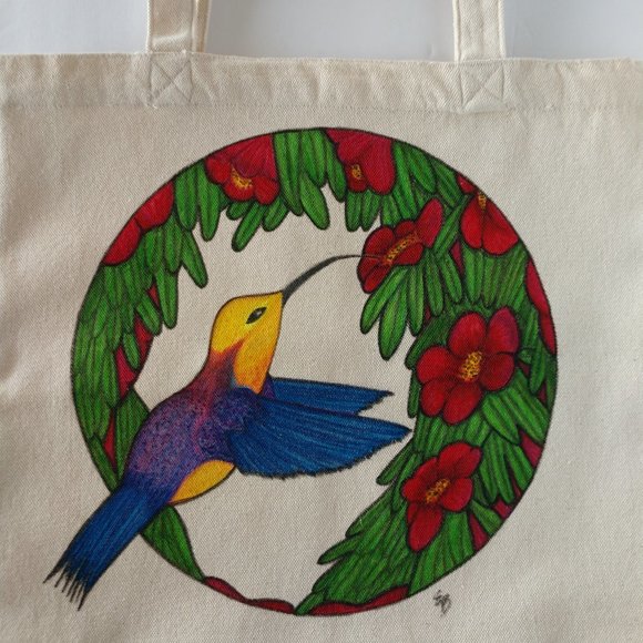 Handmade Painted Tote Bag Blue & Gold Hummingbird in Red Flowers 13.5x13.5x3.5 - Picture 14 of 16